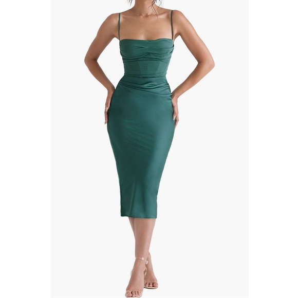 House of CB Dresses & Skirts - House of CB Teia Satin & Georgette Corset Midi Dress Size L; NBW + NWT